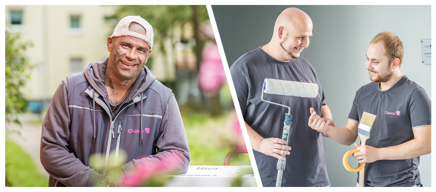 KI-basierte Bildbeschreibung | Ein Mann mit Farbe im Gesicht lächelt im Freien; zwei Männer im Inneren diskutieren über Malerwerkzeuge und halten eine Rolle, Klebeband und einen Pinsel.